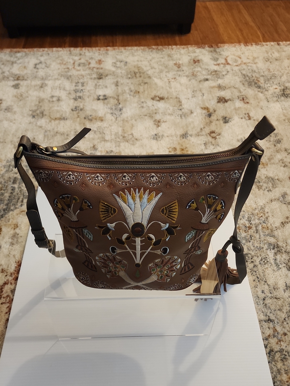 Sharif 1827 Egyptian Lotus Hobo/Crossbody Leather Bag. Embroidered Leather. 9×11